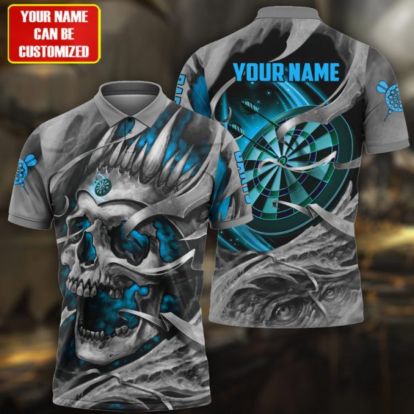 Personalized Name Multicolor Teal Skull Darts All Over Printed Unisex Shirt, Uniform Shirt Dart Team